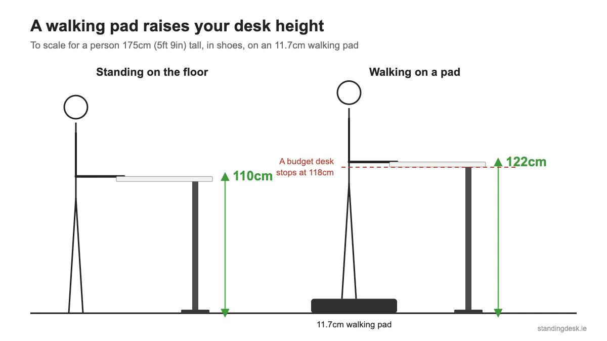 Diagram: a 175cm person needs a desk at 110cm standing on the floor, and 122cm on an 11.7cm walking pad, higher than many budget desks go